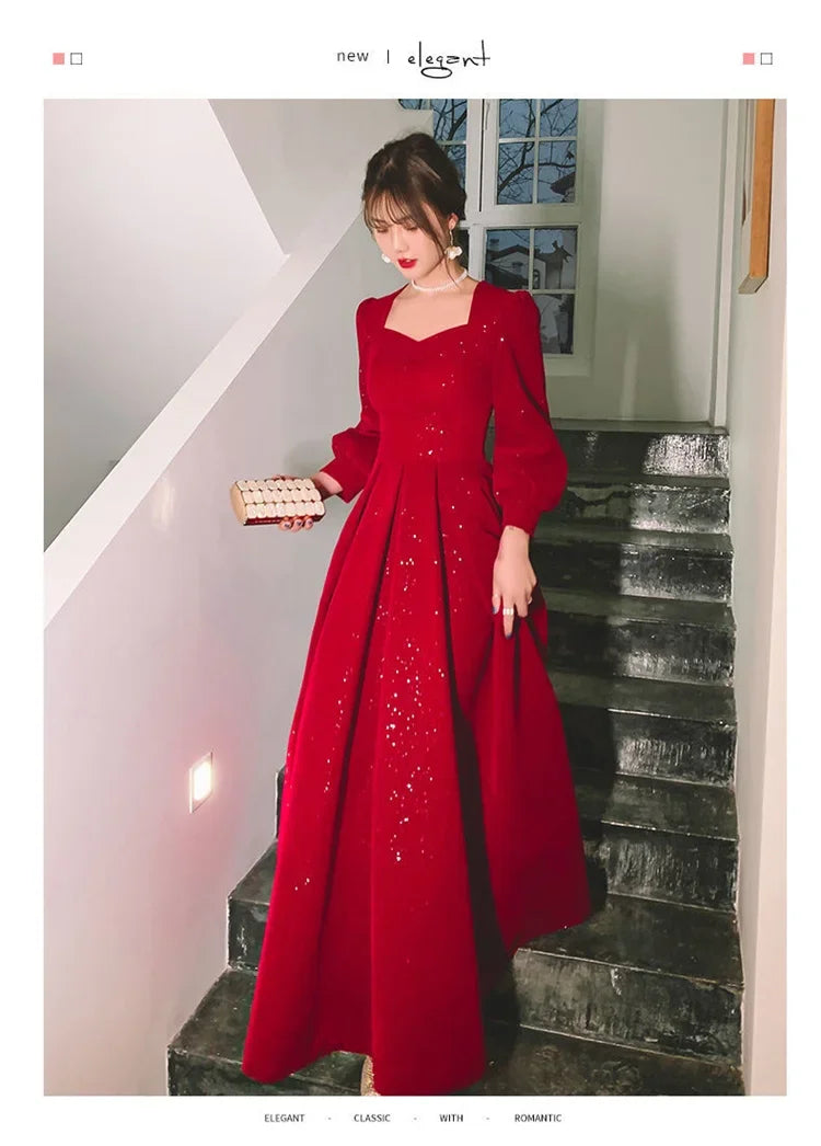 Temperament Dress Women's Solid Color Square Collar Long-Sleeved A-Line Long Skirt – Spring & Autumn Fashion - AMOURA ELEGANACE