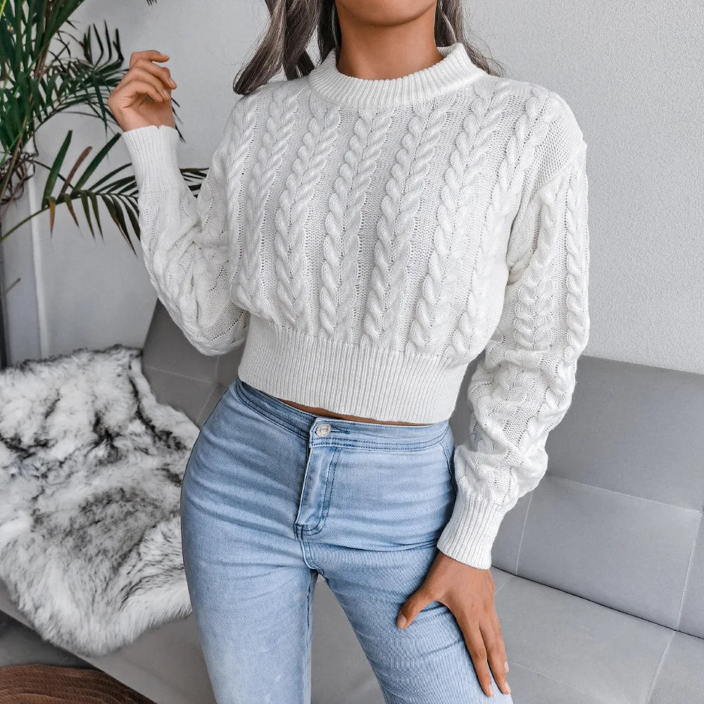 Amoura Elegance Women’s 2024 Autumn/Winter Twist Knitted Pullover – Solid Color Crew Neck, Long-Sleeve Sexy Babes Waist-Fitting Sweater