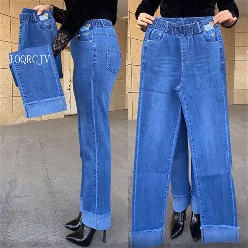 Women's Spring & Autumn Stretch Waist Straight Denim Pants – Large Size, Loose High-Waist Casual Jeans in Black & Blue | Amoura Elegance