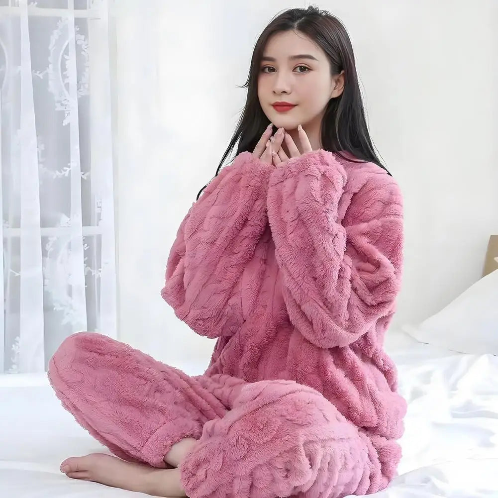 Amoura Elegance Cozy Coral Fleece Pajama Set for Couples – Elastic Waist, Thickened Winter Loungewear Pants and Top, Comfortable Homewear for Cold Weather