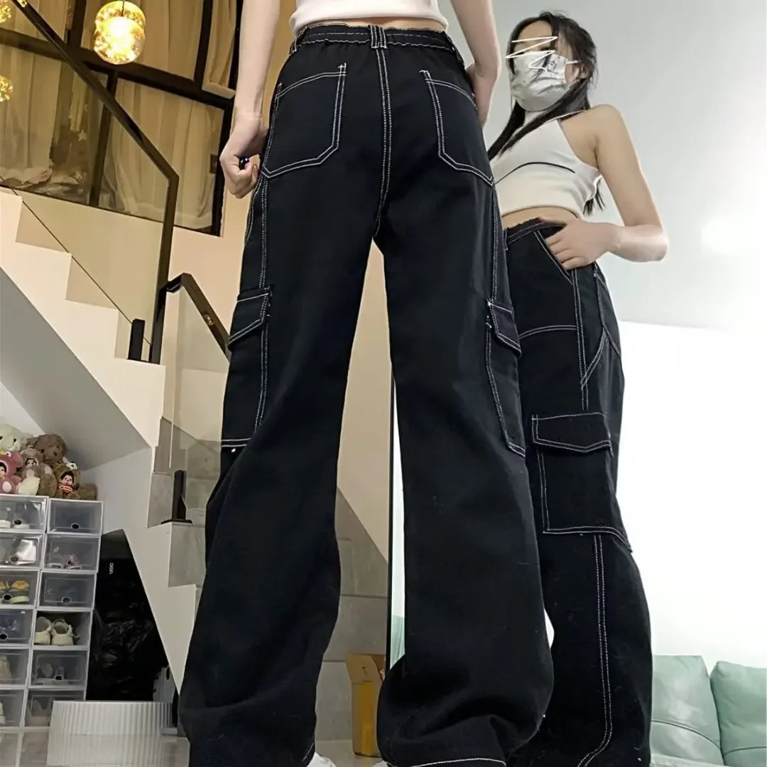 Amoura Elegance Women's 2024 Straight-Leg Loose-Fit High-Waisted Cargo Pants – Slimming, Petite-Friendly Wide-Leg Design for Spring & Autumn/Winter