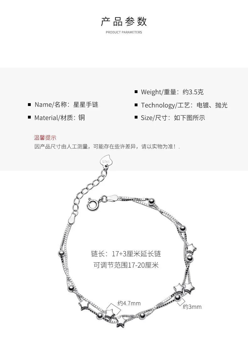 "AmouraElegance 925 Sterling Silver Stars Bracelet | Korean Fashion Designer Adjustable Bead Bracelet | Luxury Original Jewelry for Women"