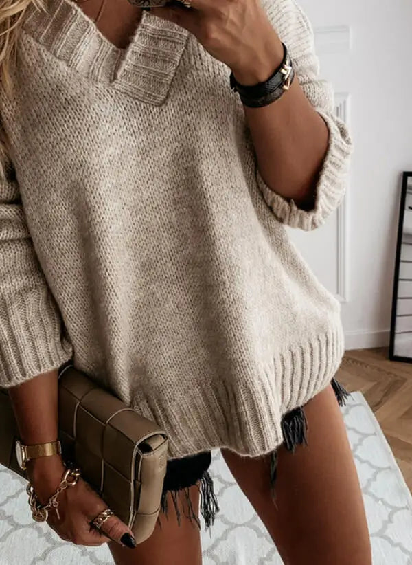 Amoura Elegance Fashion Europe and US 2024 Autumn/Winter Solid Color V-Neck Sweater Blouse – Casual Loose Fit Women's Top