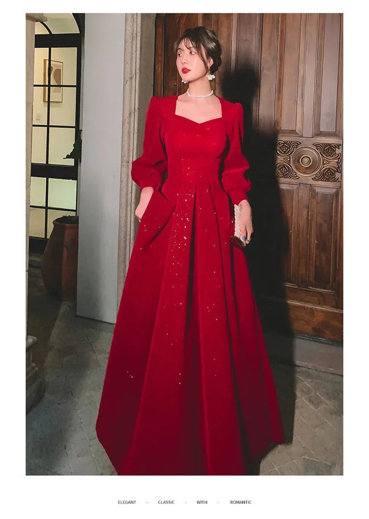 Temperament Dress Women's Solid Color Square Collar Long-Sleeved A-Line Long Skirt – Spring & Autumn Fashion - AMOURA ELEGANACE