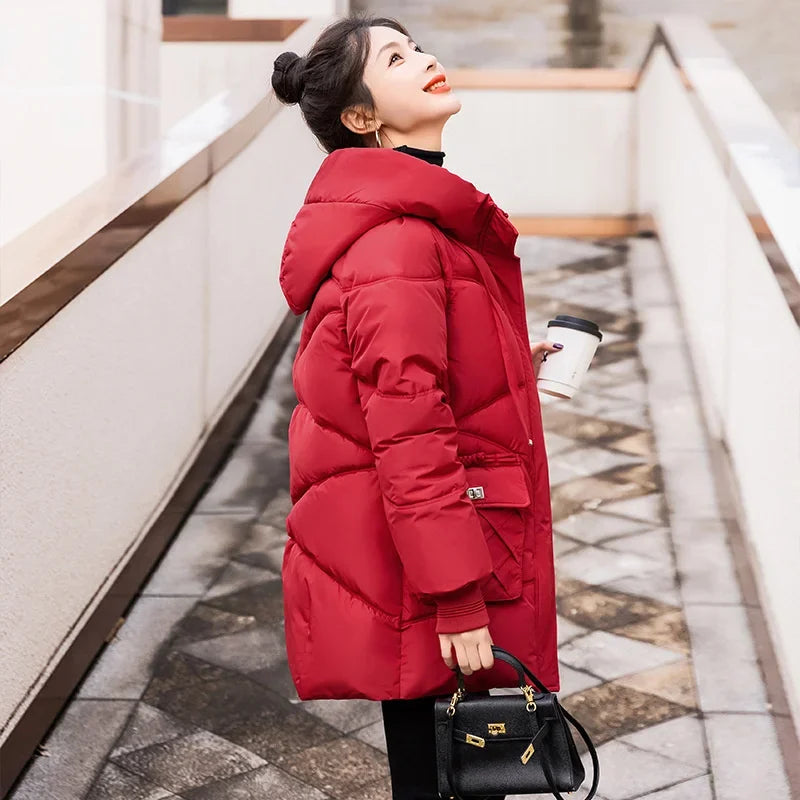 Amoura Elegance Women's 2024 Hooded Parka Winter Jacket – Thick Cotton Padded Long Warm Coat for Winter Weather