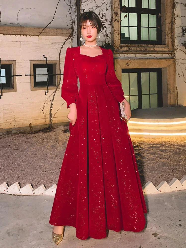 Temperament Dress Women's Solid Color Square Collar Long-Sleeved A-Line Long Skirt – Spring & Autumn Fashion - AMOURA ELEGANACE