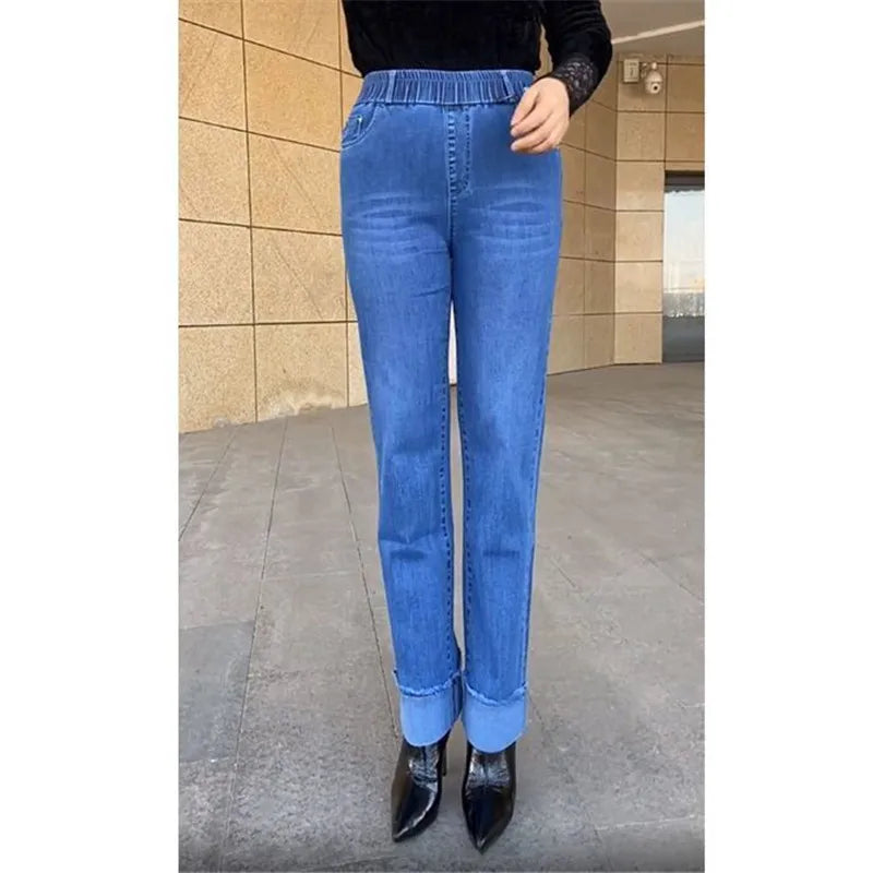Women's Spring & Autumn Stretch Waist Straight Denim Pants – Large Size, Loose High-Waist Casual Jeans in Black & Blue | Amoura Elegance