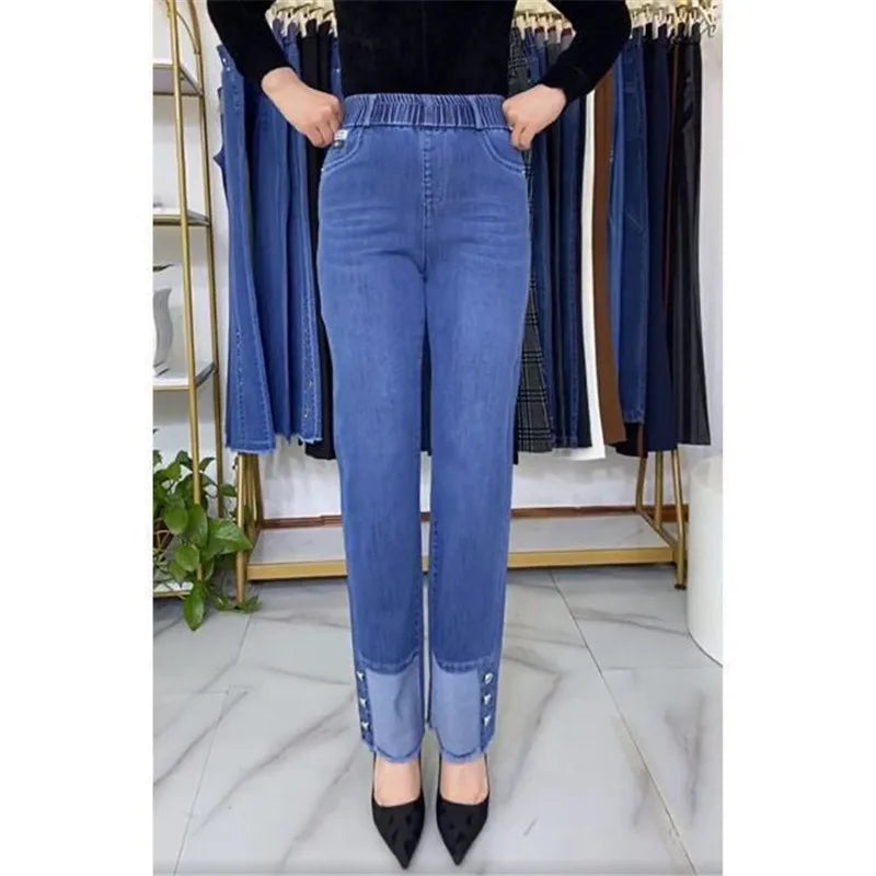 Women's Spring & Autumn Stretch Waist Straight Denim Pants – Large Size, Loose High-Waist Casual Jeans in Black & Blue | Amoura Elegance