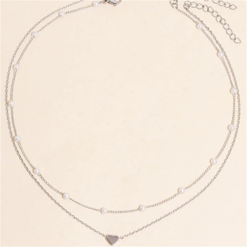 "AmouraElegance Simple Pearl Choker Necklace for Women | Fashion Double Layer Chain with Small Love Heart Pendant | Wholesale Jewelry Gift"