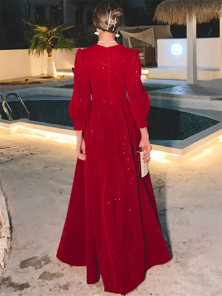Temperament Dress Women's Solid Color Square Collar Long-Sleeved A-Line Long Skirt – Spring & Autumn Fashion - AMOURA ELEGANACE