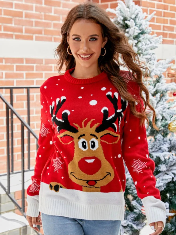 Amoura Elegance Women’s Autumn/Winter Knitwear – O-Neck Long Sleeve Printed Sweater, Casual Fashion Knitted Pullover Top for Feminina Style