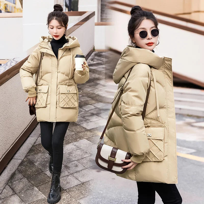 Amoura Elegance Women's 2024 Hooded Parka Winter Jacket – Thick Cotton Padded Long Warm Coat for Winter Weather