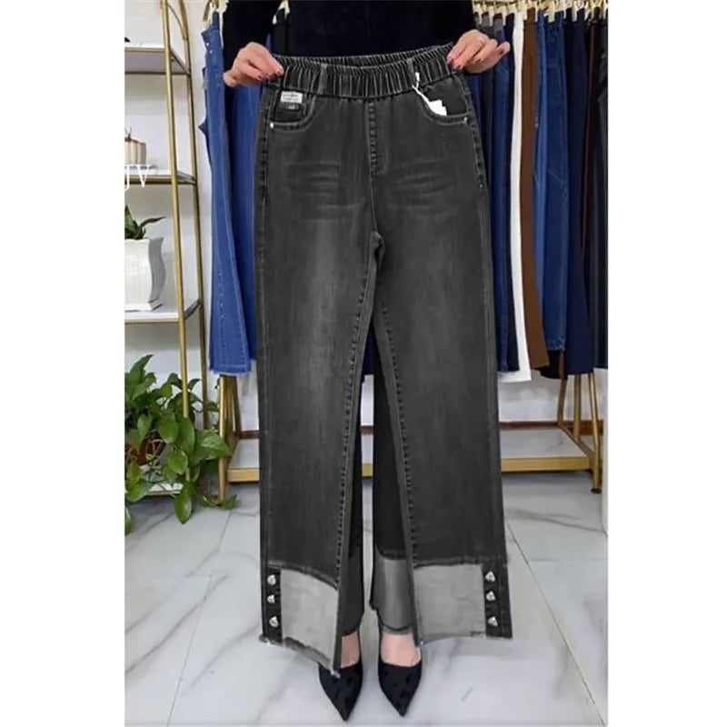 Women's Spring & Autumn Stretch Waist Straight Denim Pants – Large Size, Loose High-Waist Casual Jeans in Black & Blue | Amoura Elegance