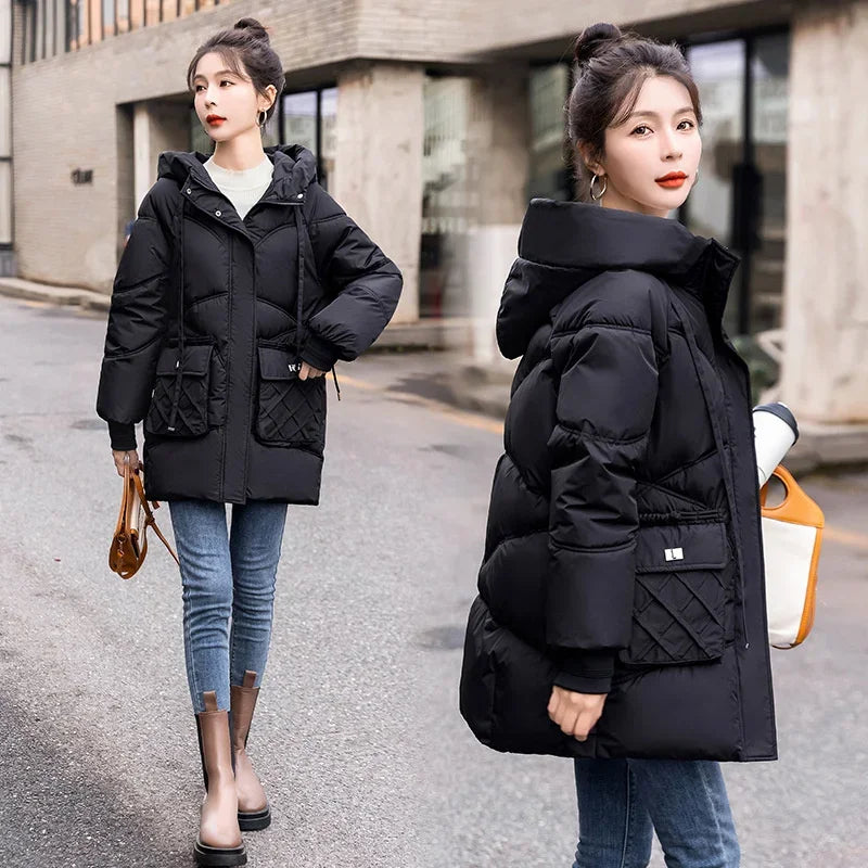 Amoura Elegance Women's 2024 Hooded Parka Winter Jacket – Thick Cotton Padded Long Warm Coat for Winter Weather