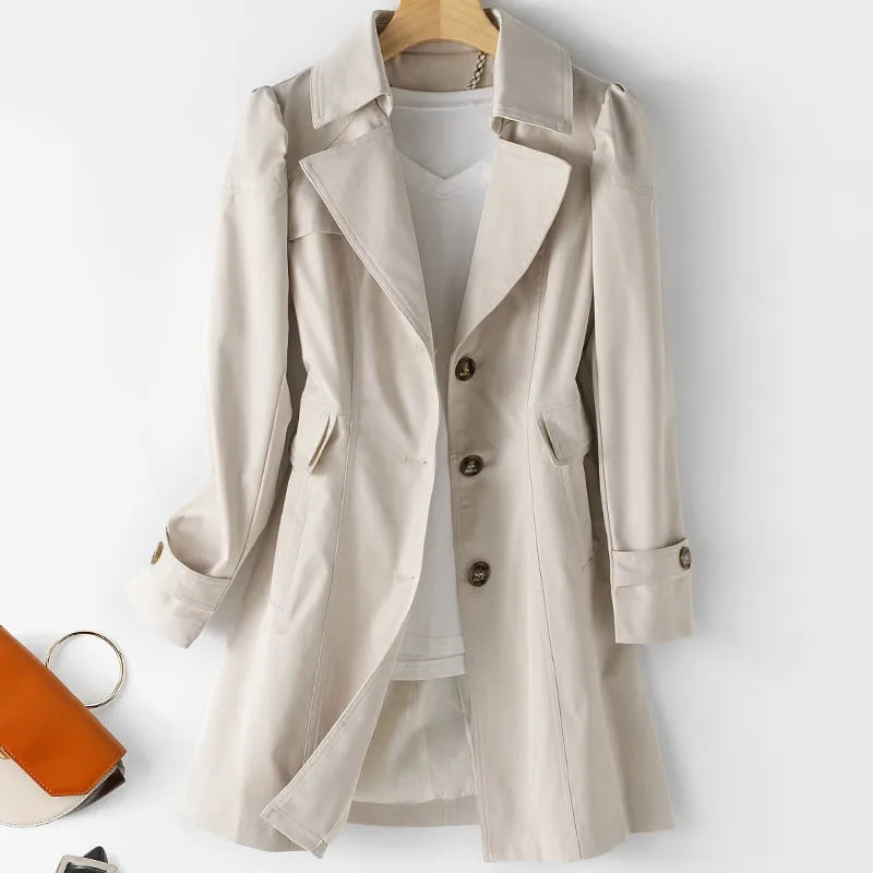 Amoura Elegance Spring Autumn Trench Coat: New 2024 Korean Mid-Long Overcoat in Khaki