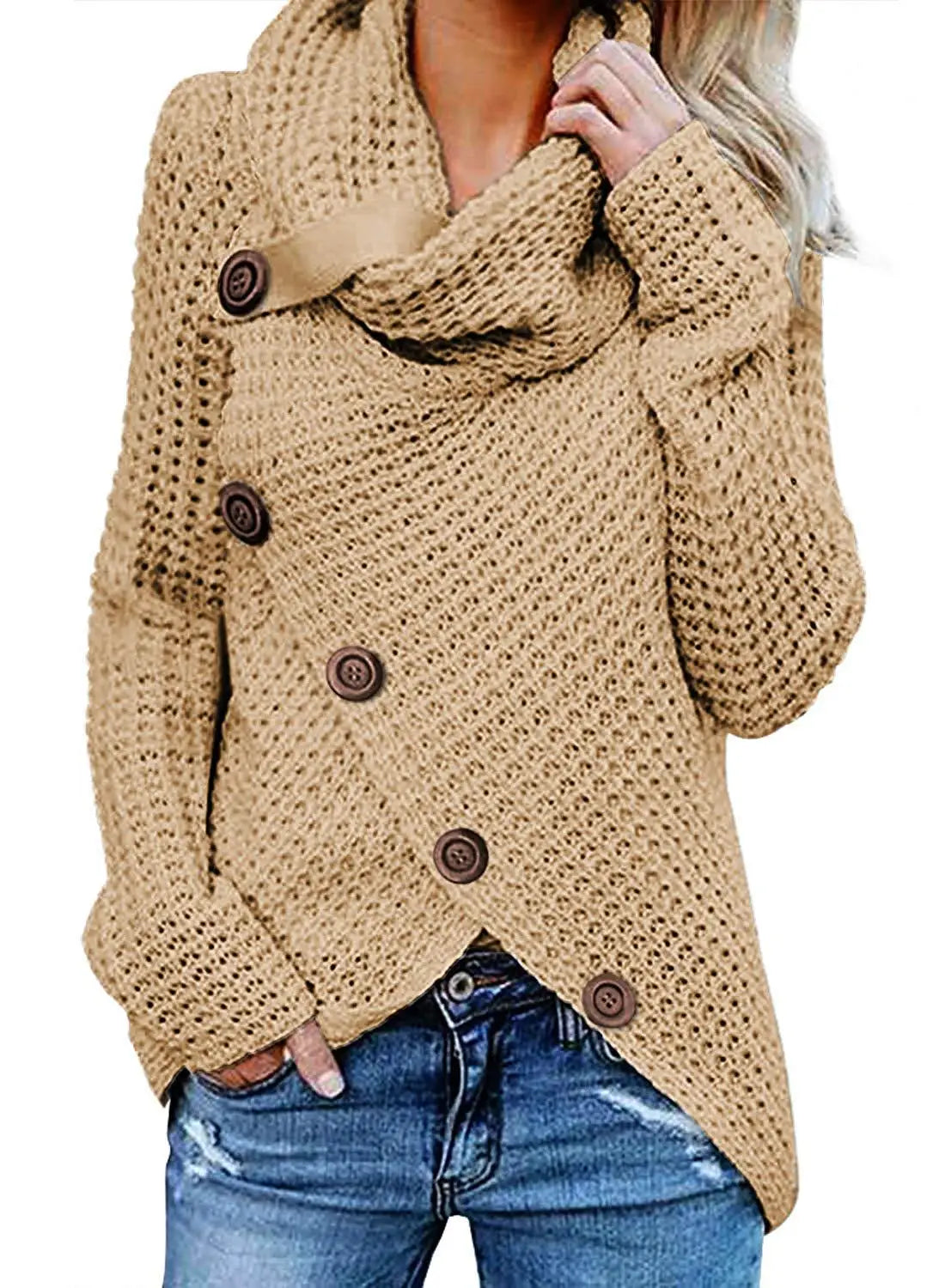 "Amoura Elegance Women's Turtleneck Knitted Sweater Autumn/Winter – Long Lantern Sleeve Five-Button Cardigan Coat, Oversized Fit S-5XL"