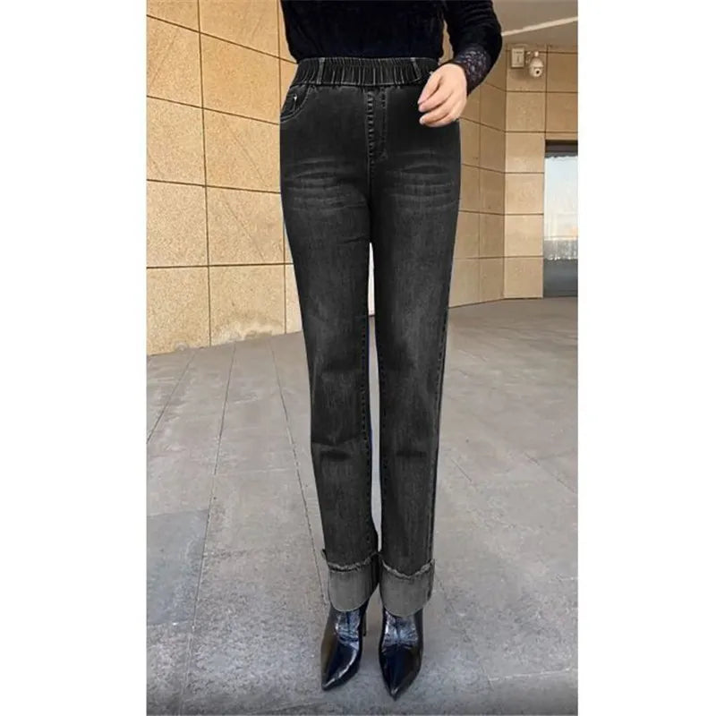 Women's Spring & Autumn Stretch Waist Straight Denim Pants – Large Size, Loose High-Waist Casual Jeans in Black & Blue | Amoura Elegance