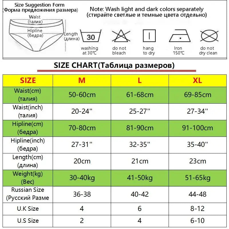 "Size suggestion chart for women's panties, providing guidance on selecting the perfect fit. Includes measurements for waist and hip sizes, ensuring a comfortable and accurate fit for all sizes."